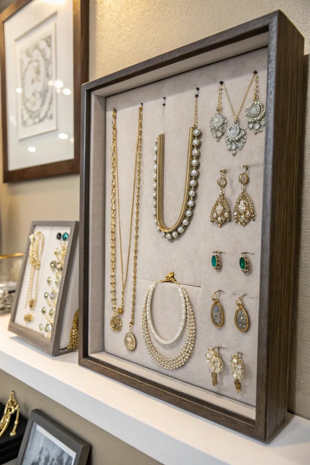 A shadow box used to showcase jewelry