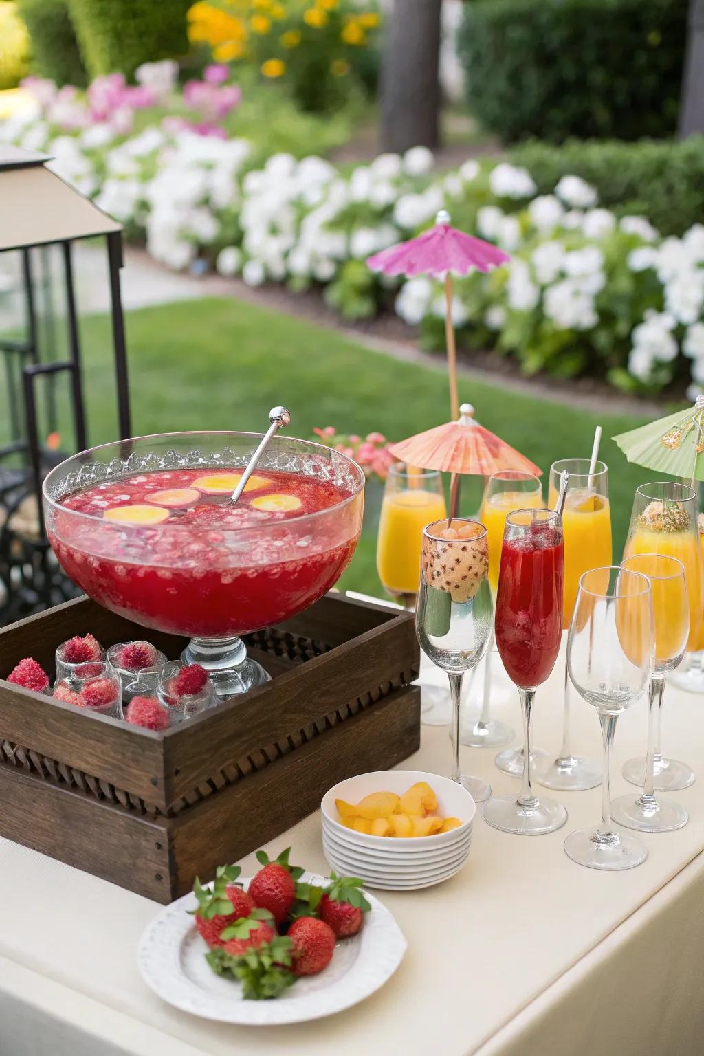 A chic drinks station featuring colorful punch and elegant glassware.