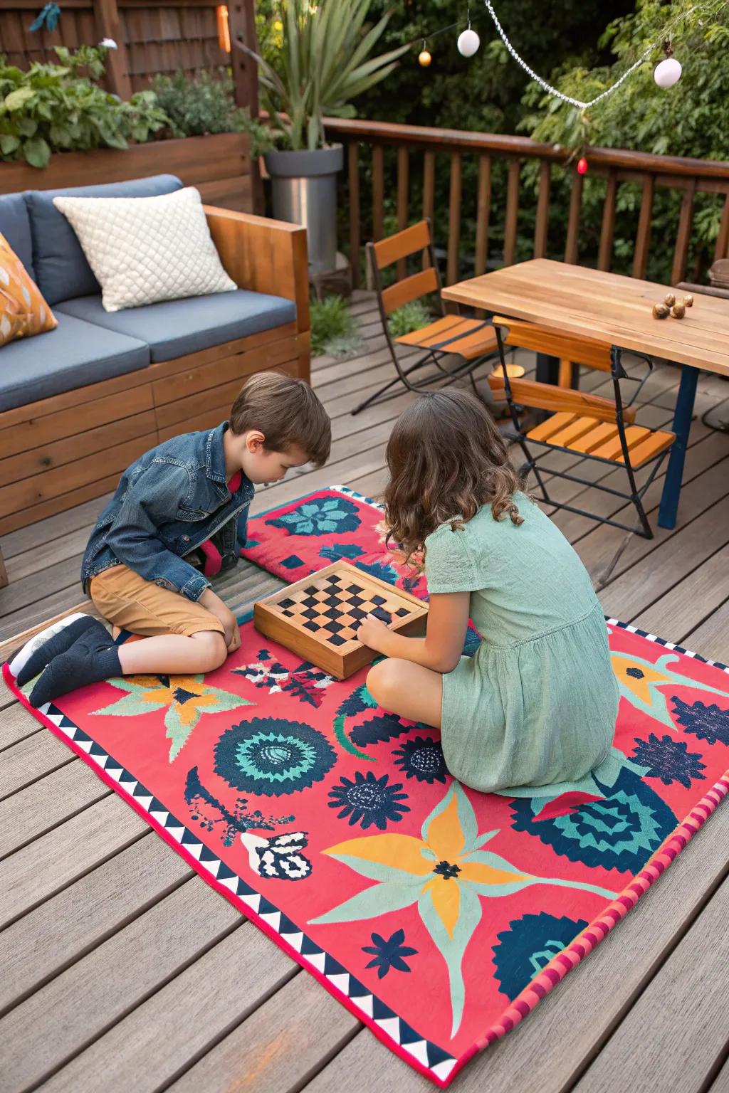 A deck featuring a vibrant outdoor ground covering where kids are playing board games.
