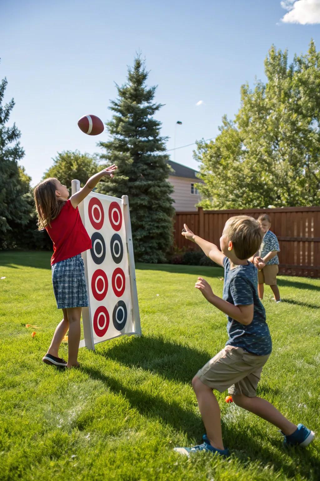 Kids are having fun playing gridiron toss in the backyard.