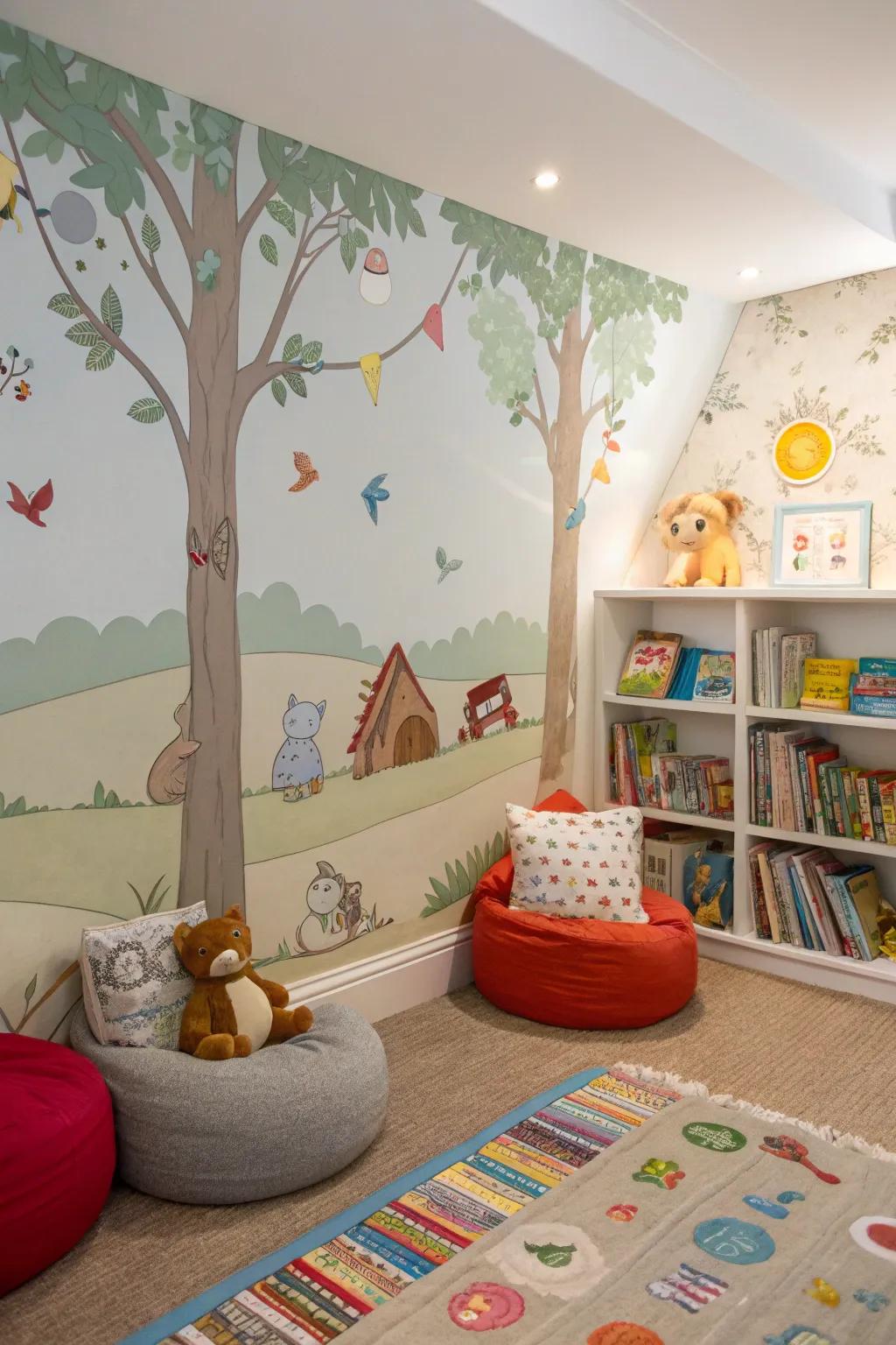 A snug story corner in a playroom, enhanced by story-themed wallpaper.