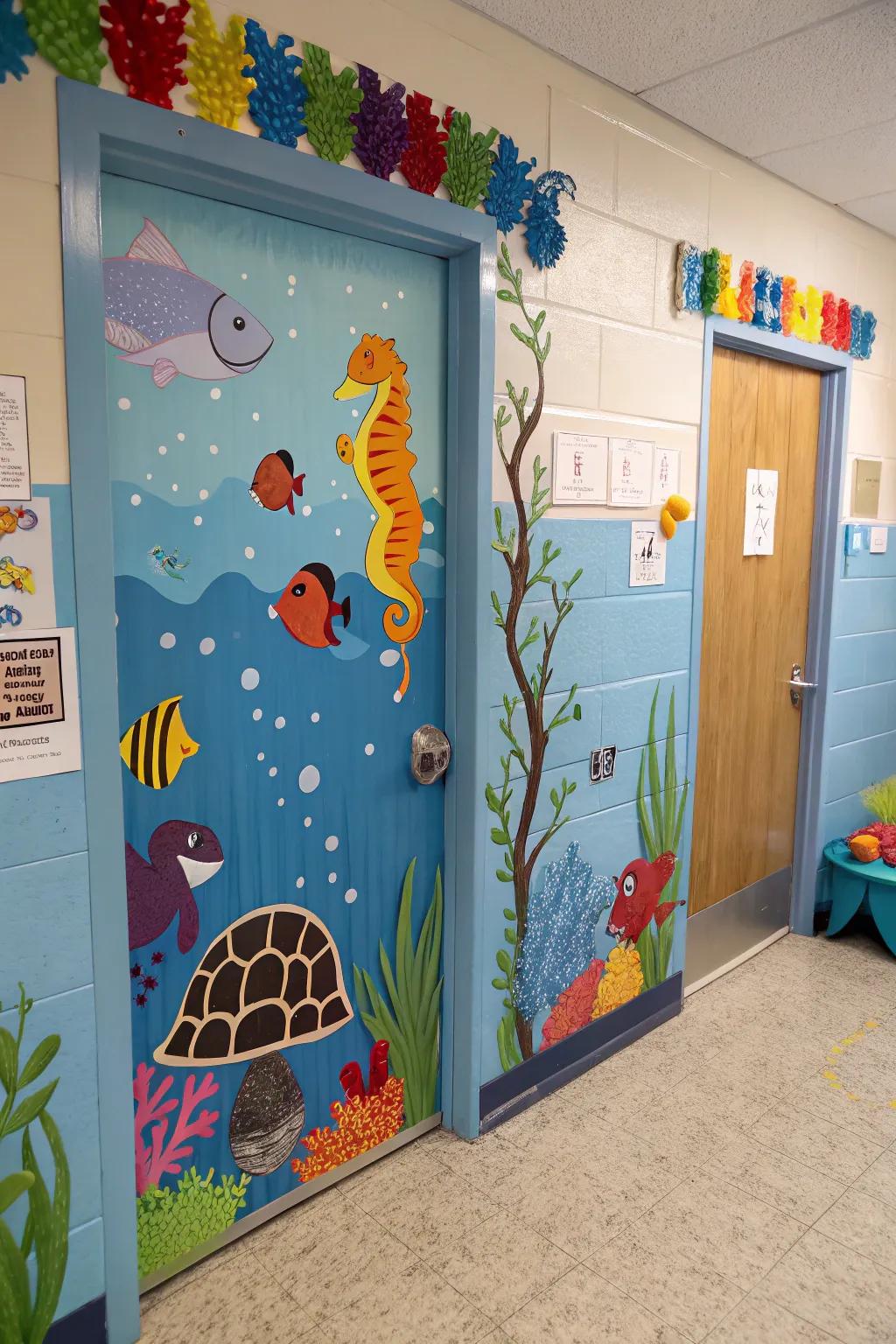 A kindergarten door embellished with a subaqueous scene featuring piscine and marine creatures.