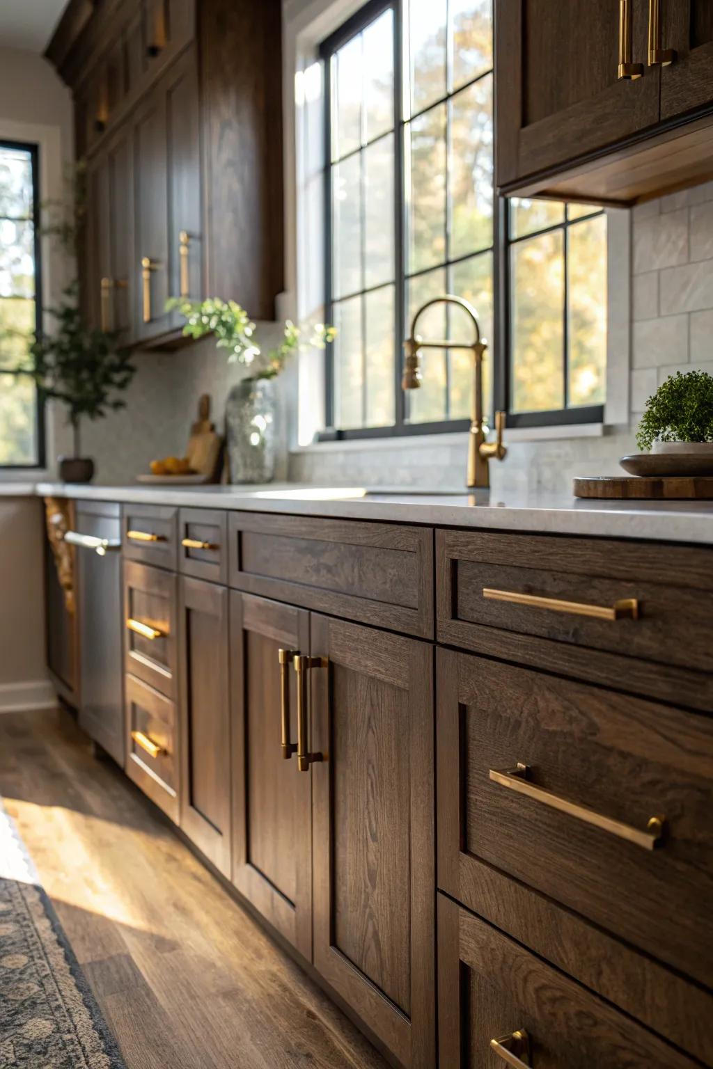 Brass hardware adds warmth and vintage charm to kitchen spaces.