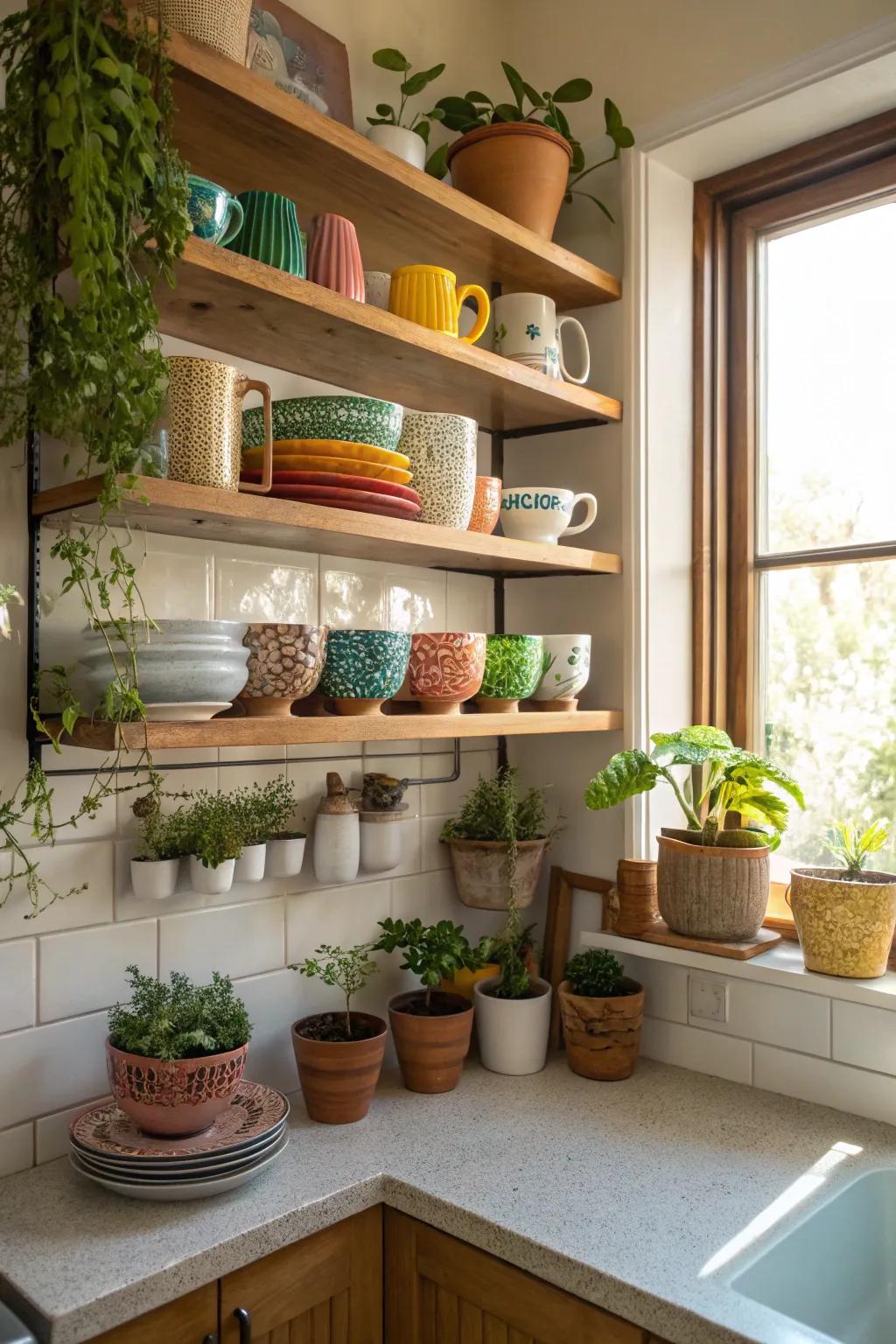 Open shelving turns corners into stylish, functional spaces.