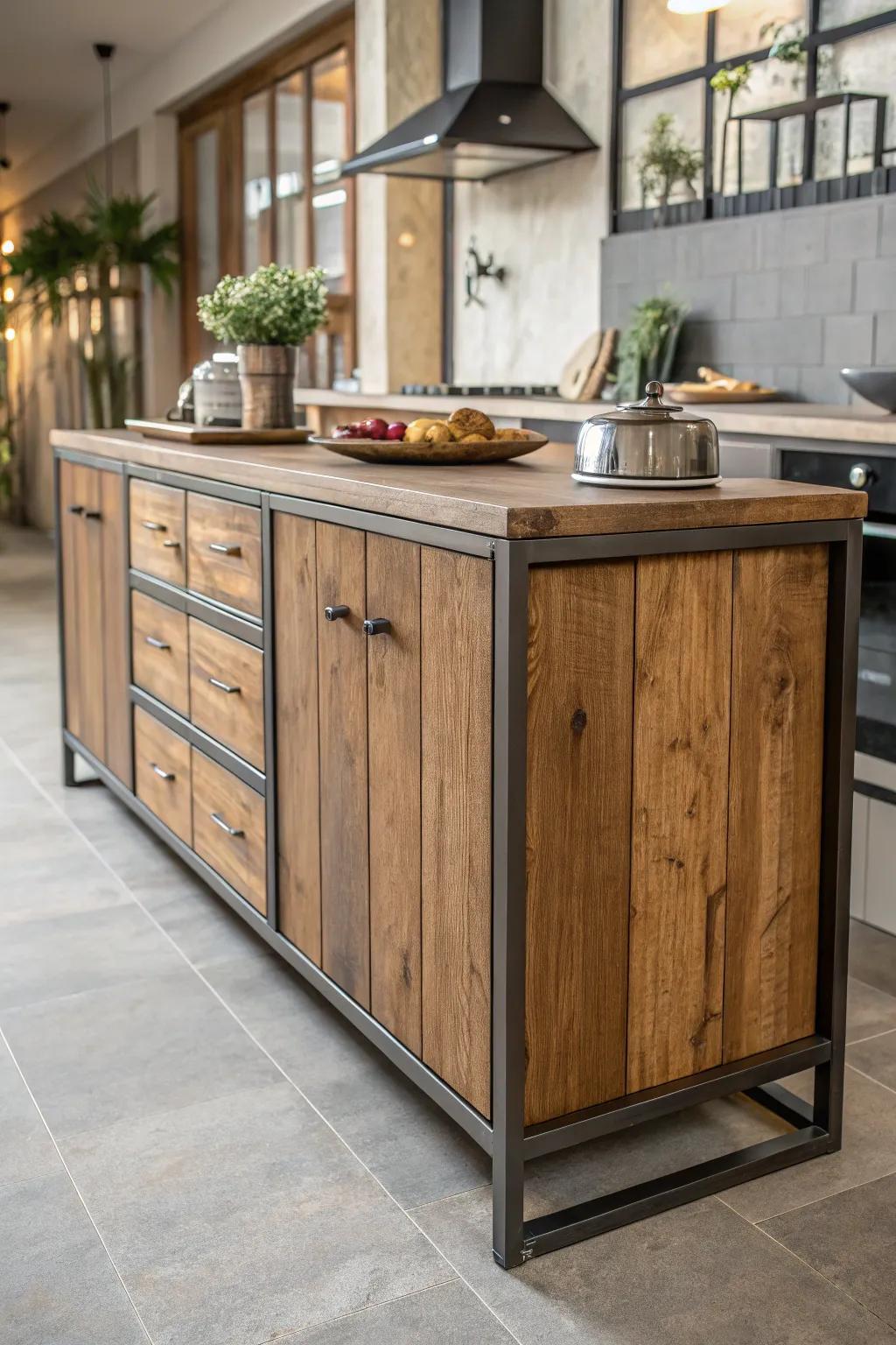 A mixed-material credenza adds texture and depth to the kitchen.