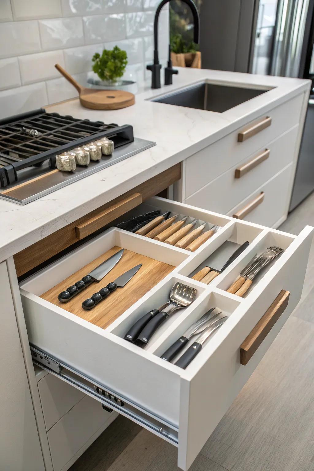 Safely keep and arrange your knives with a dedicated knife safe drawer.