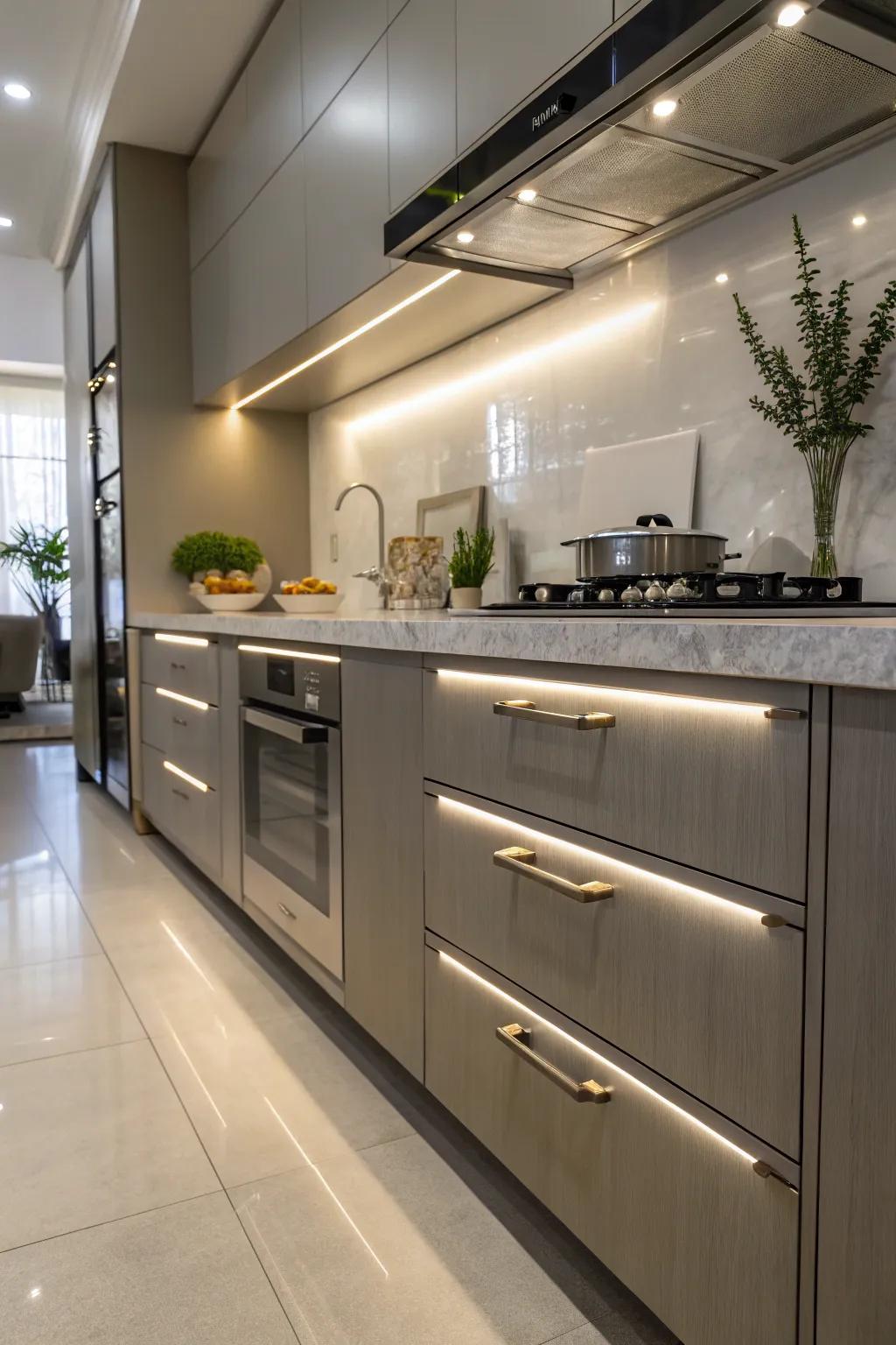 Built-in diode lighting in kitchen hardware for enhanced visibility.