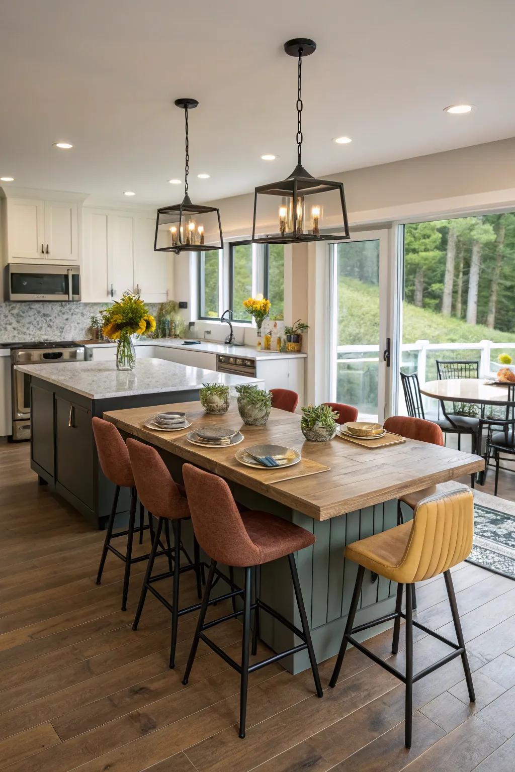 Varied seating around a kitchen island infuses personality.