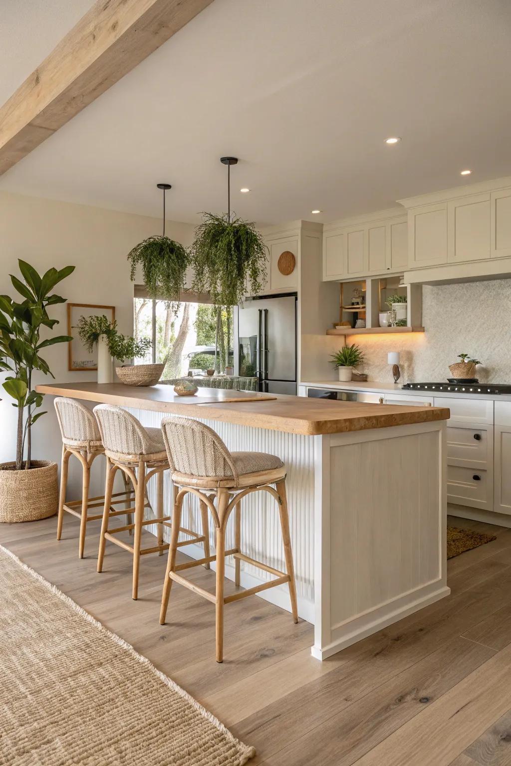 A neutral kitchen peninsula that enhances space and calmness.
