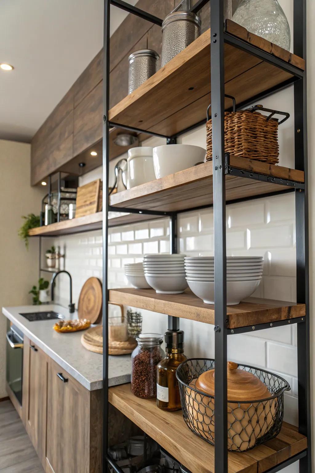 Blending textures and elements can elevate the visual appeal of kitchen shelves.