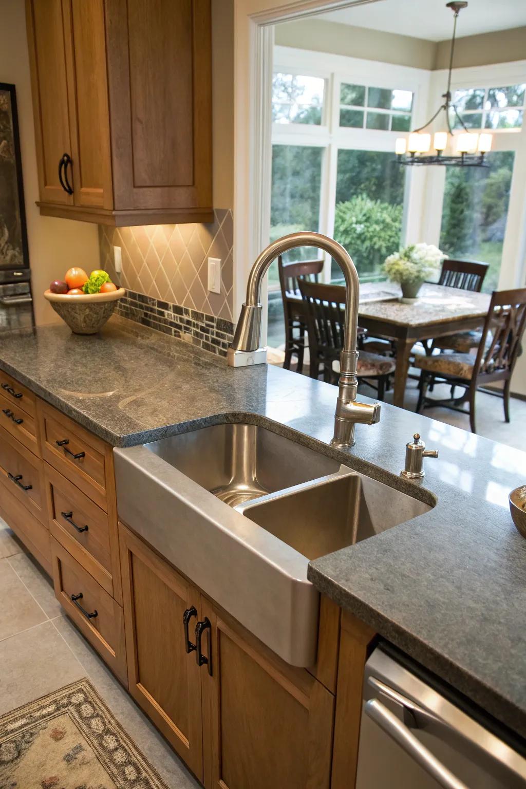 A bespoke cooking area featuring a uniquely shaped custom sink.