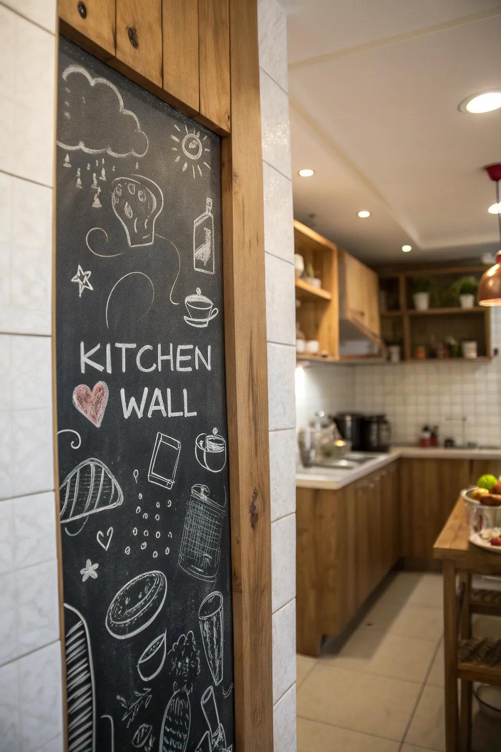 A kitchen with a chalkboard feature provides a creative and personal element.