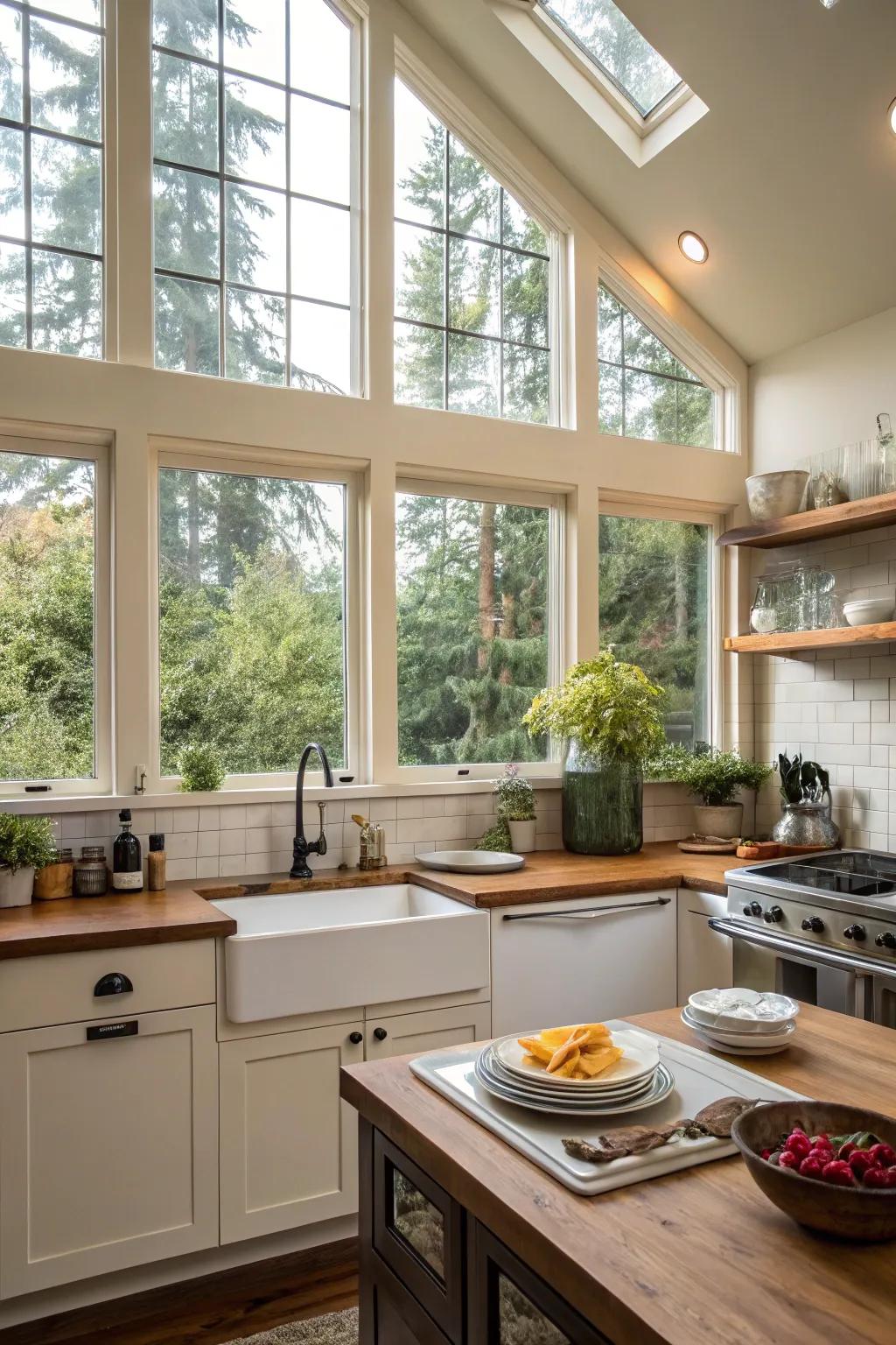 A kitchen filled with light from high skylight windows.