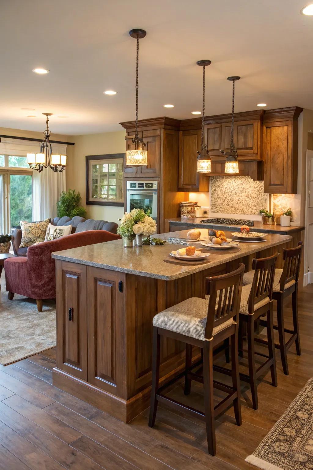 A cozy breakfast nook integrated into the kitchen island.