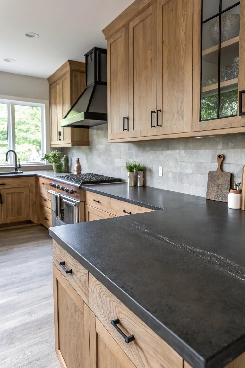 A sophisticated cooking space with dark-toned engineered stone worktops.