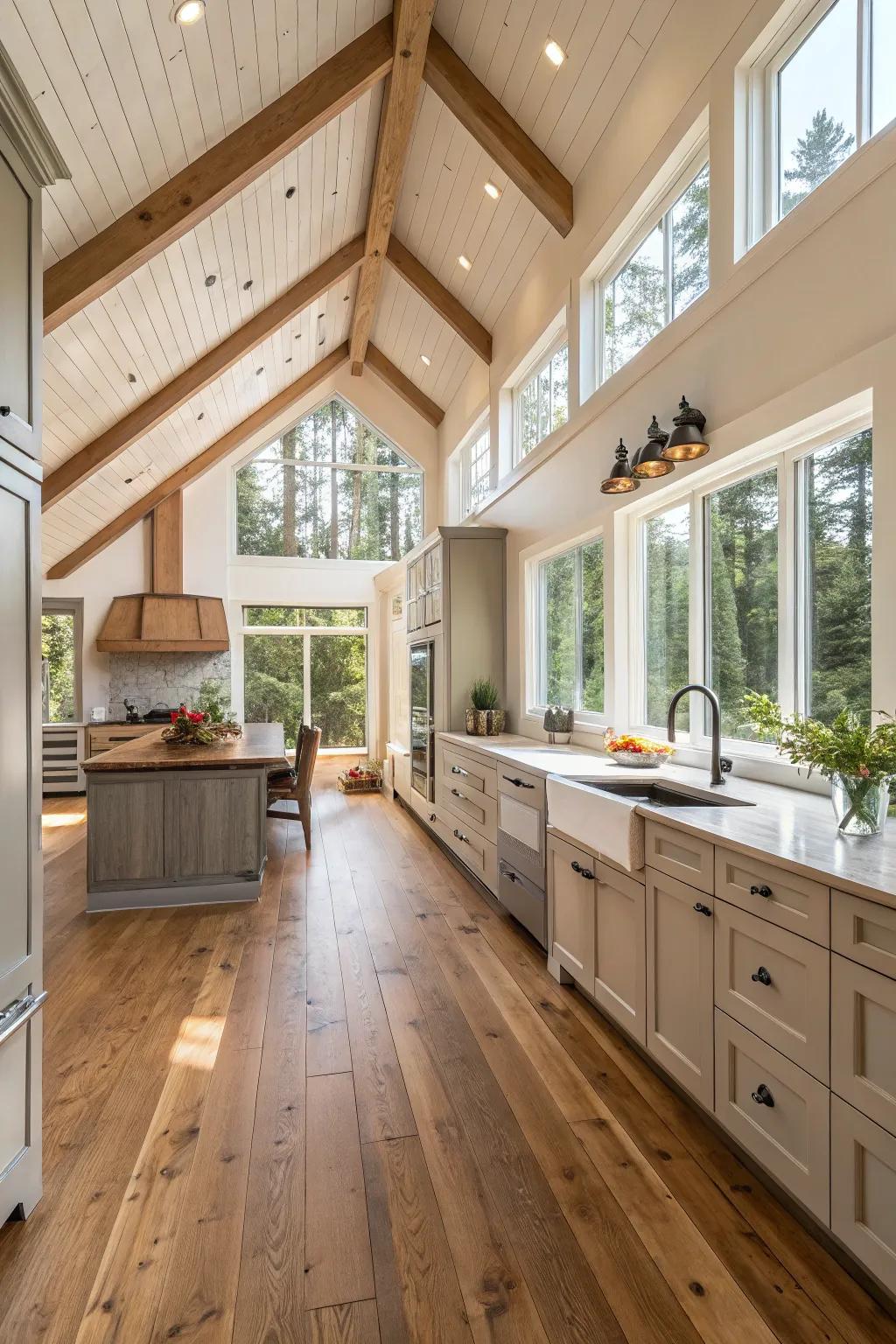 Wooden highlights add warmth to this kitchen with a high ceiling.