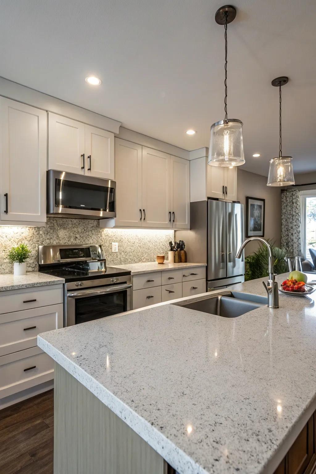 Textured quartz surfaces bringing depth to the kitchen.