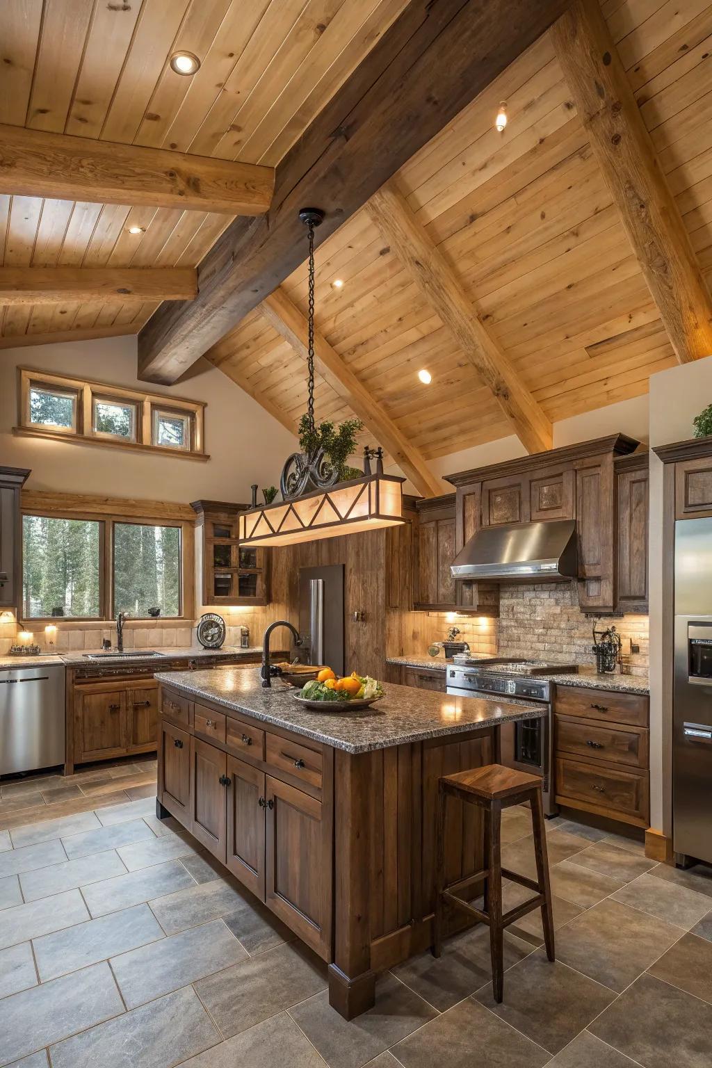 A rustic cooking area that wonderfully integrates pine planks and modern-day elements.