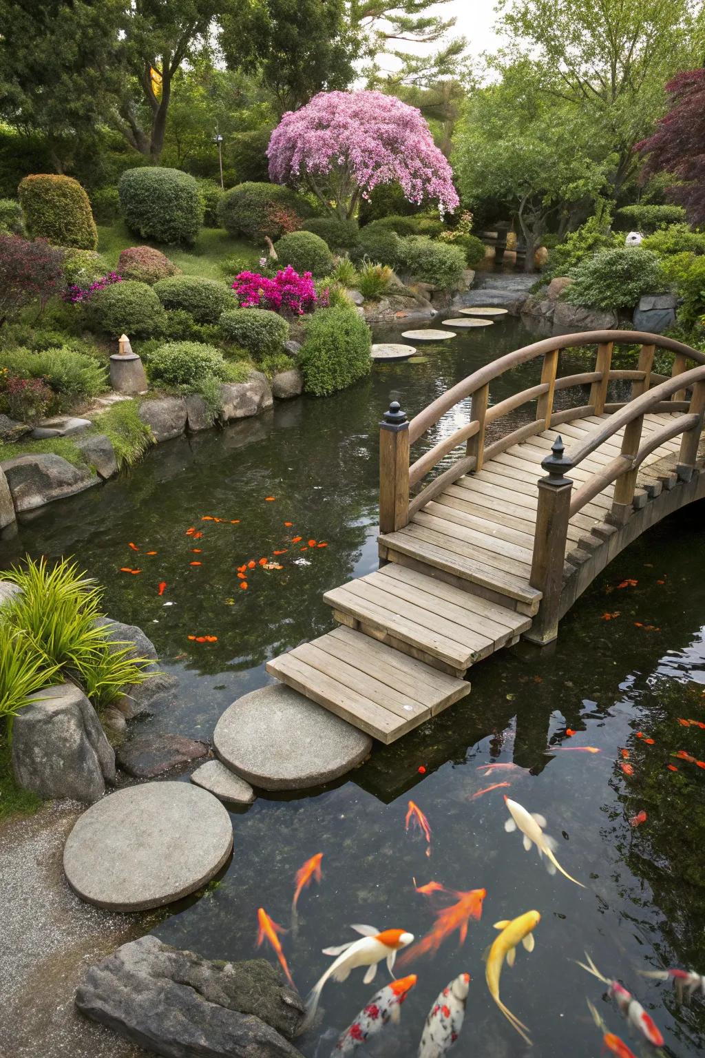 Bridges and pathways invite exploration around the pond.