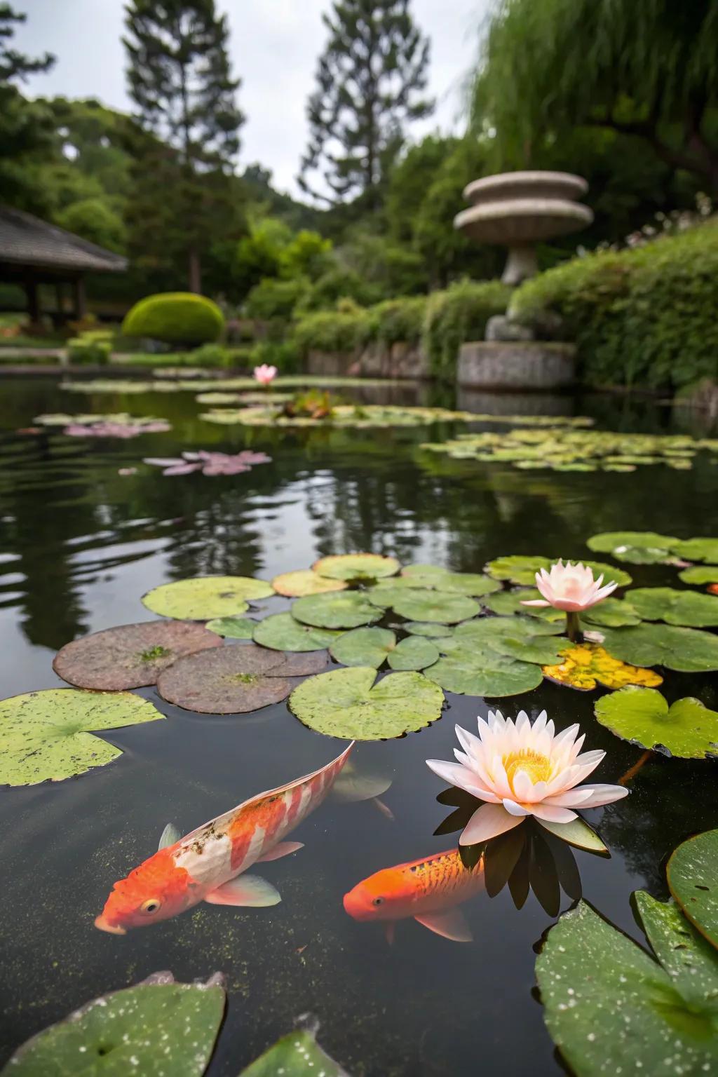 A koi pond with water lilies offering a natural canopy.