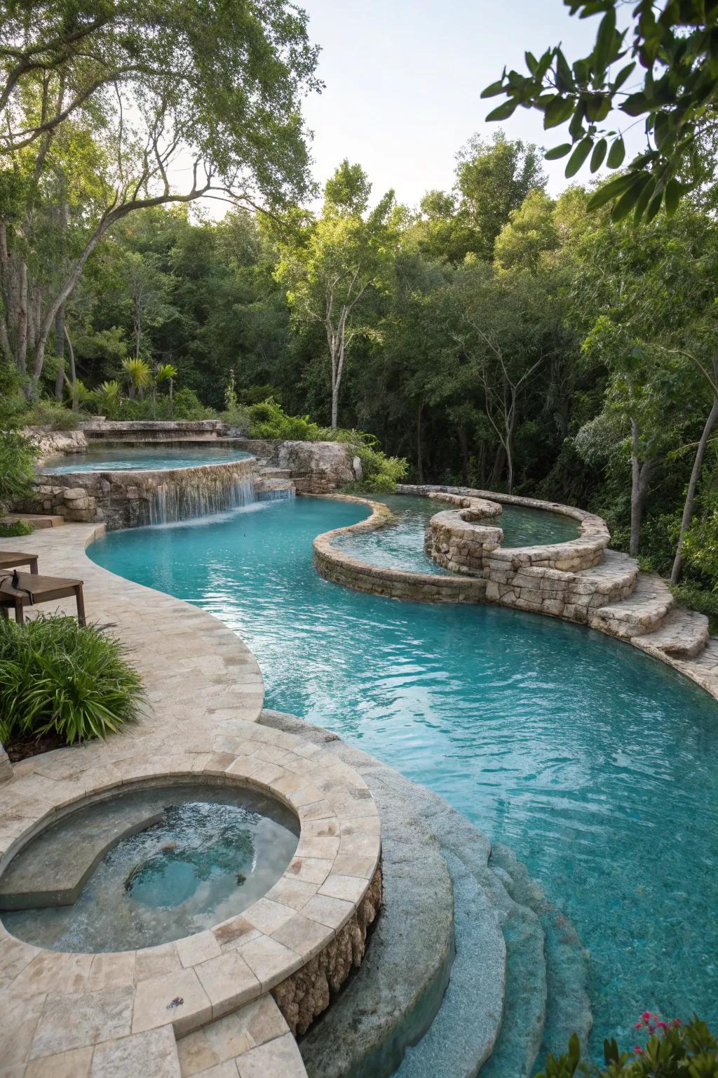 Tiered layouts add variety and interest to lagoon pools.