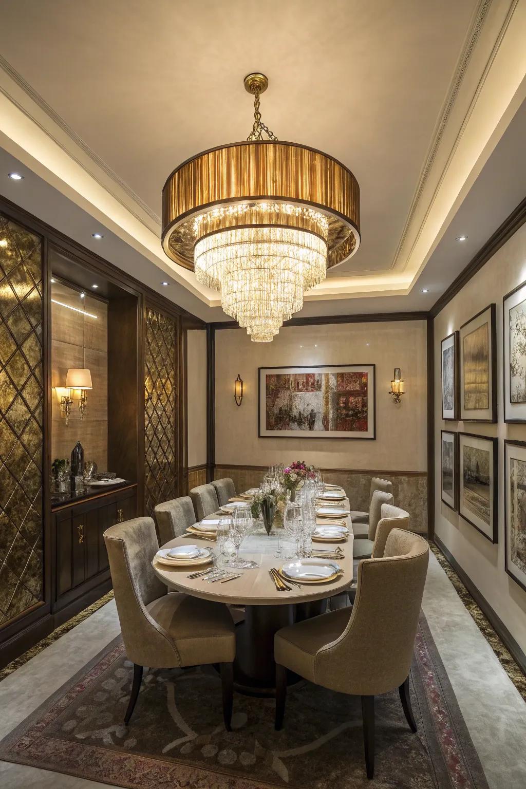 An impressive lighting fixture introduces elegance to the dining space.