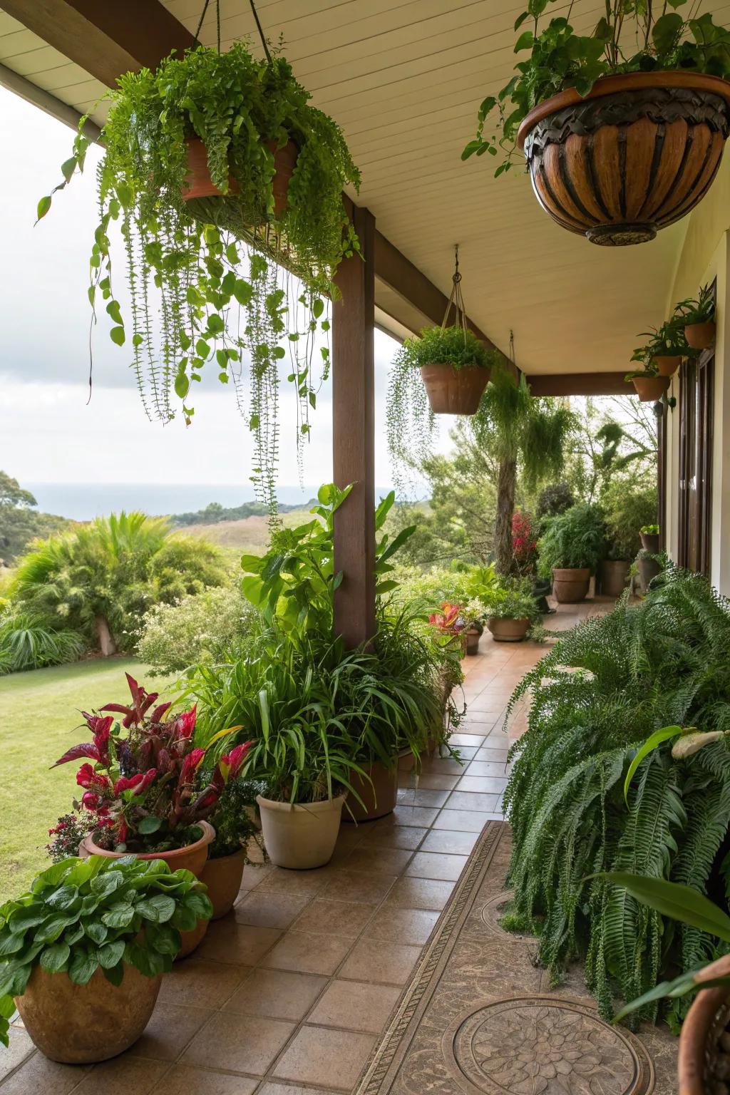 Vegetation breathes life into this lanai space.