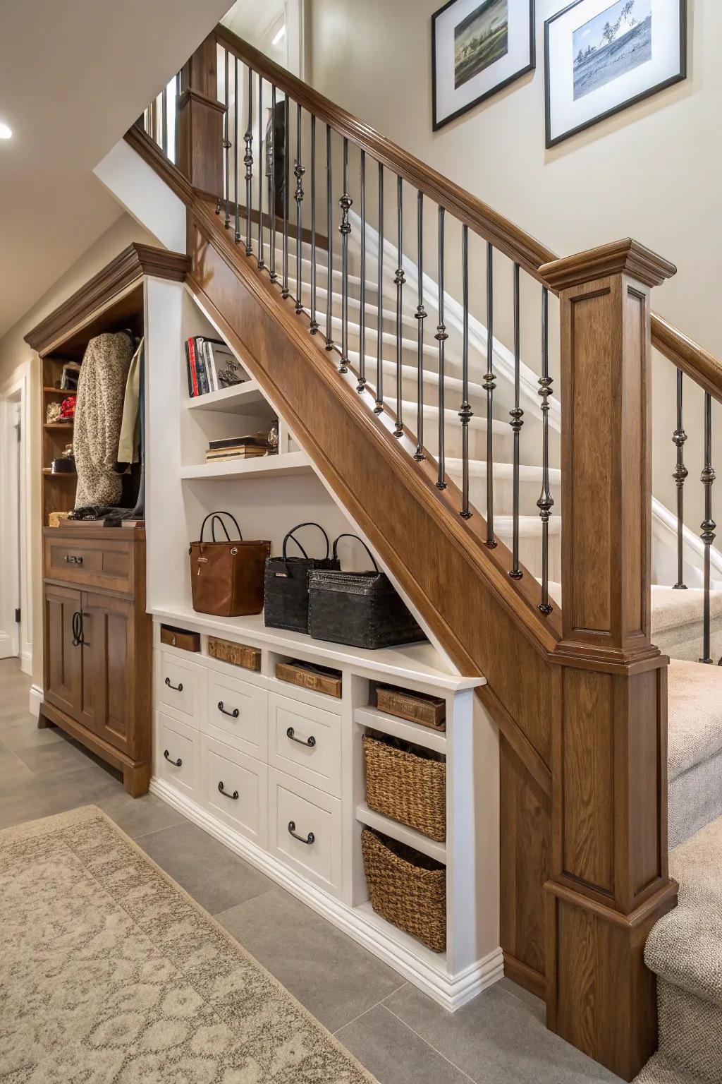 Banister with integrated storage, maximizing space.