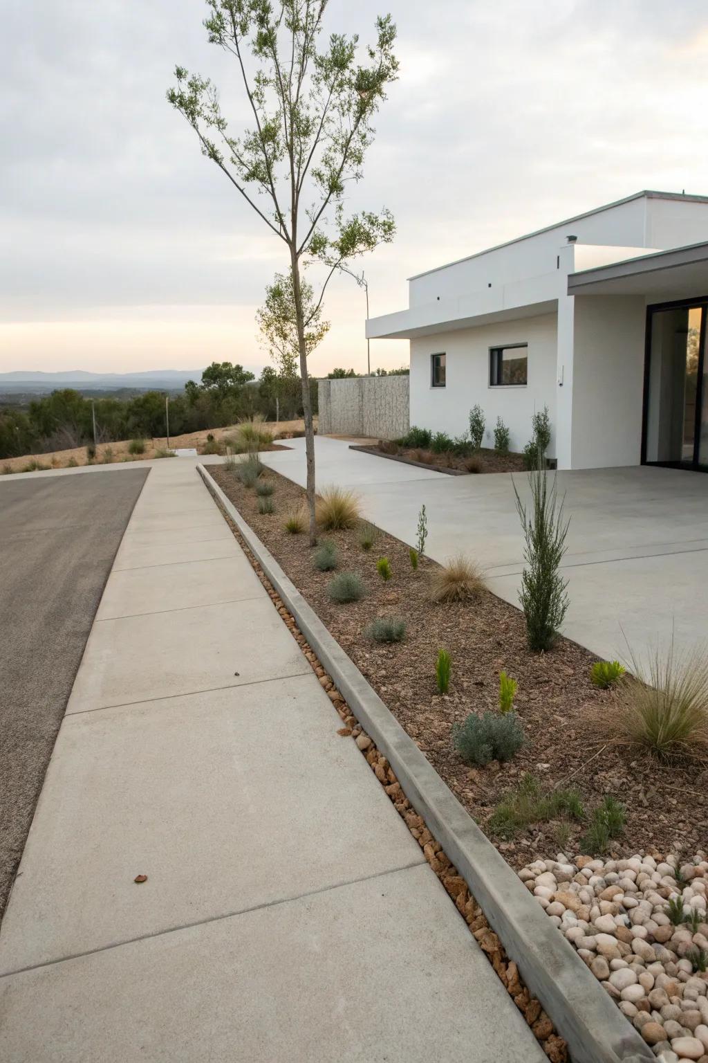 Crisp lines and modern elements create a sleek driveway design.