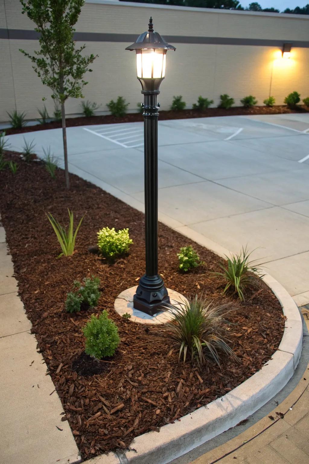 A minimalist approach employing mulch surrounding a standing light.