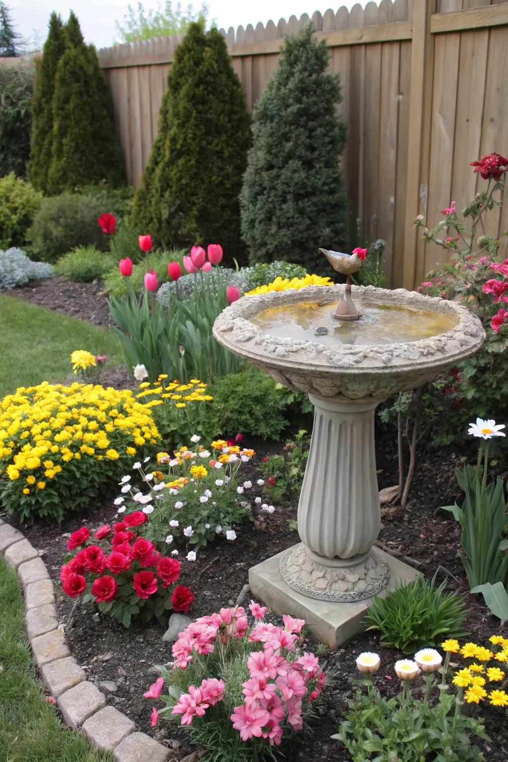 A garden bed enhanced by a charming birdbath central piece.