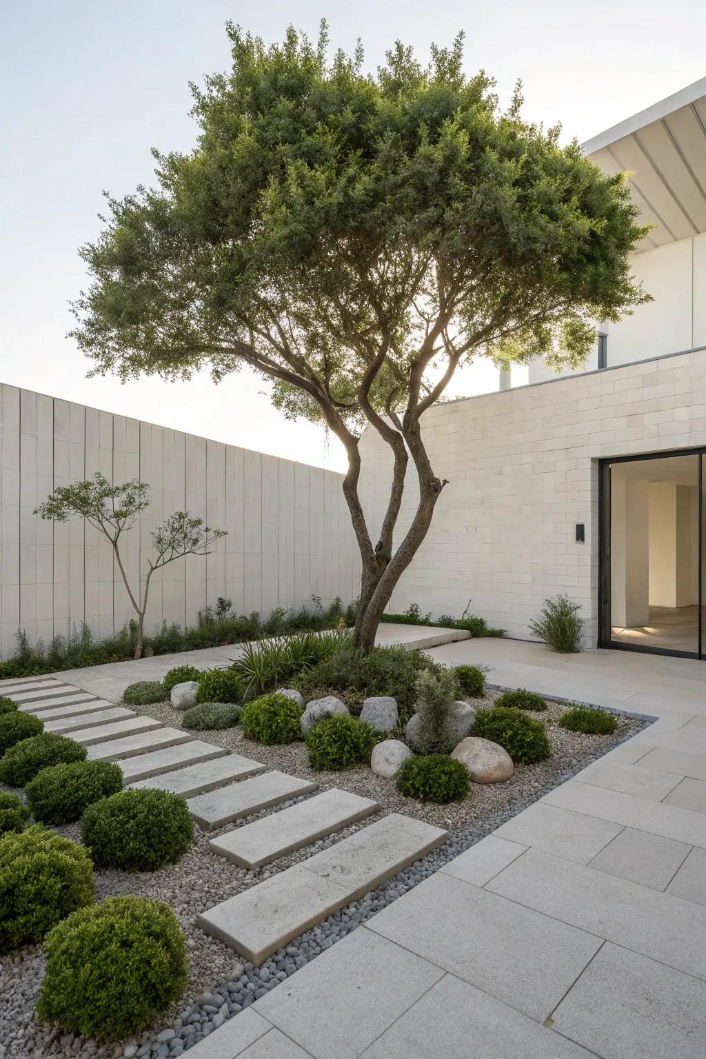 A tree with minimalist landscaping, delivering a modern and pristine aesthetic.
