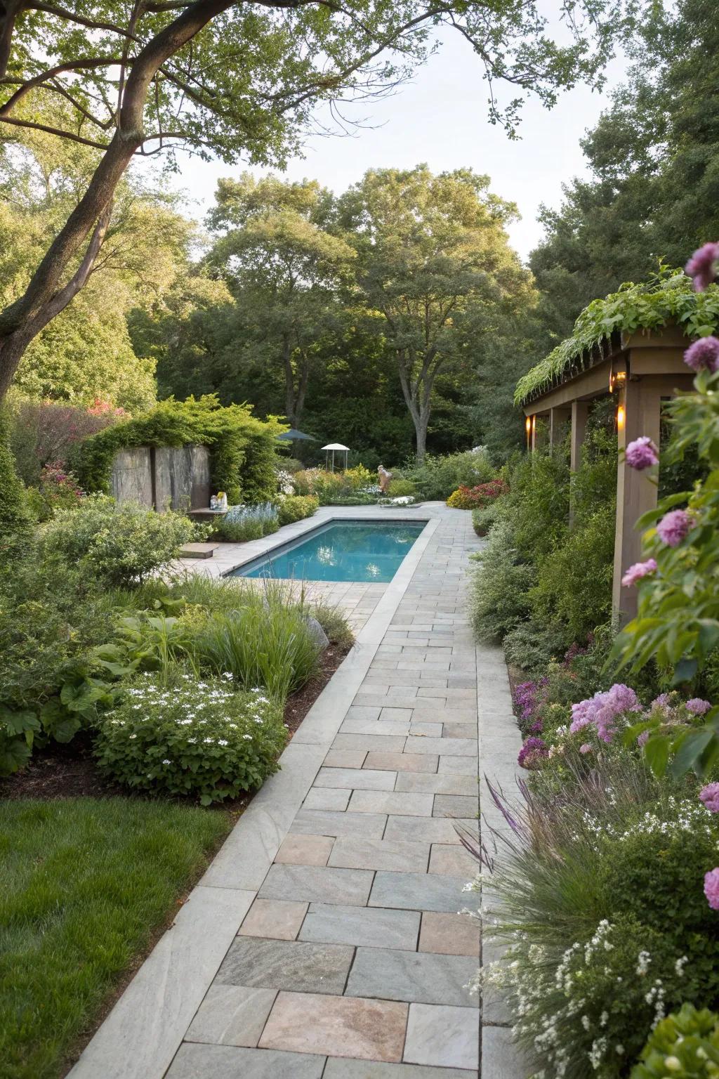 Pathways and pavers offer useful access while enhancing the garden's overall design.