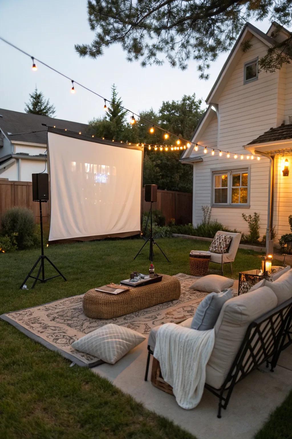 An outdoor movie display converts your backyard into a cinematic haven beneath the stars.