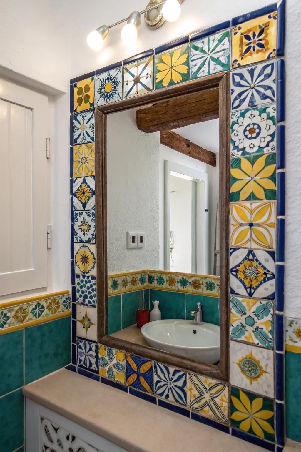 Mosaic borders contribute color and texture for an artistic mirror enhancement.
