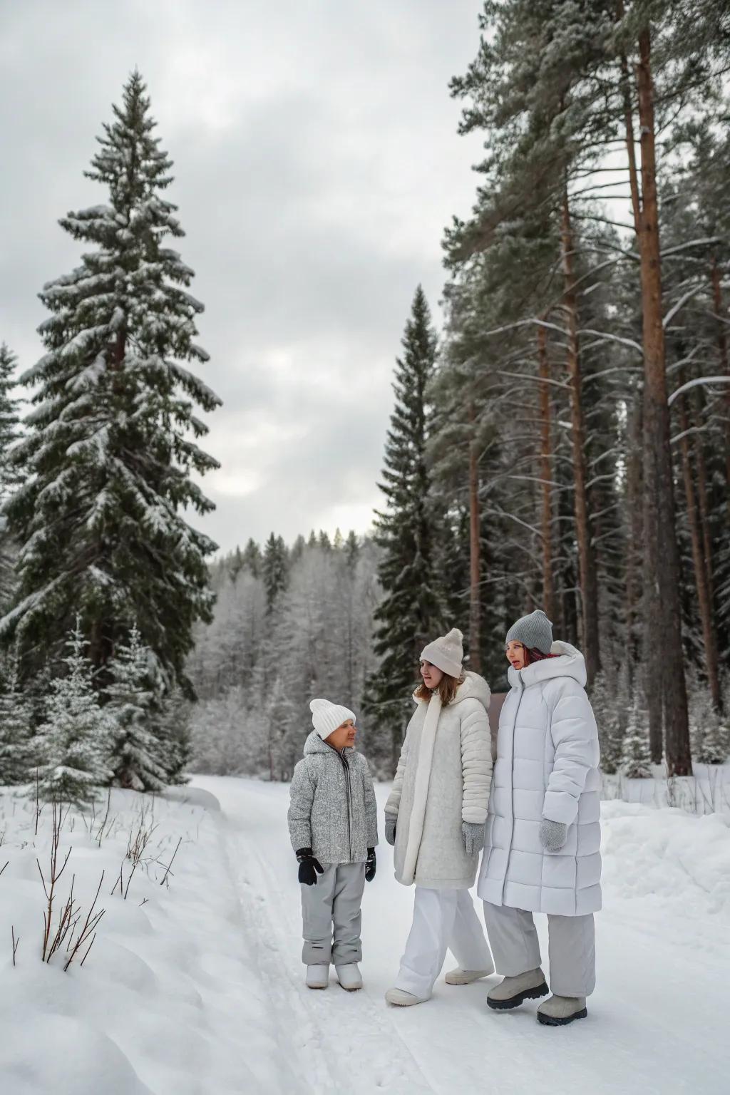 Winter whites and grays complement the calm snowy setting.