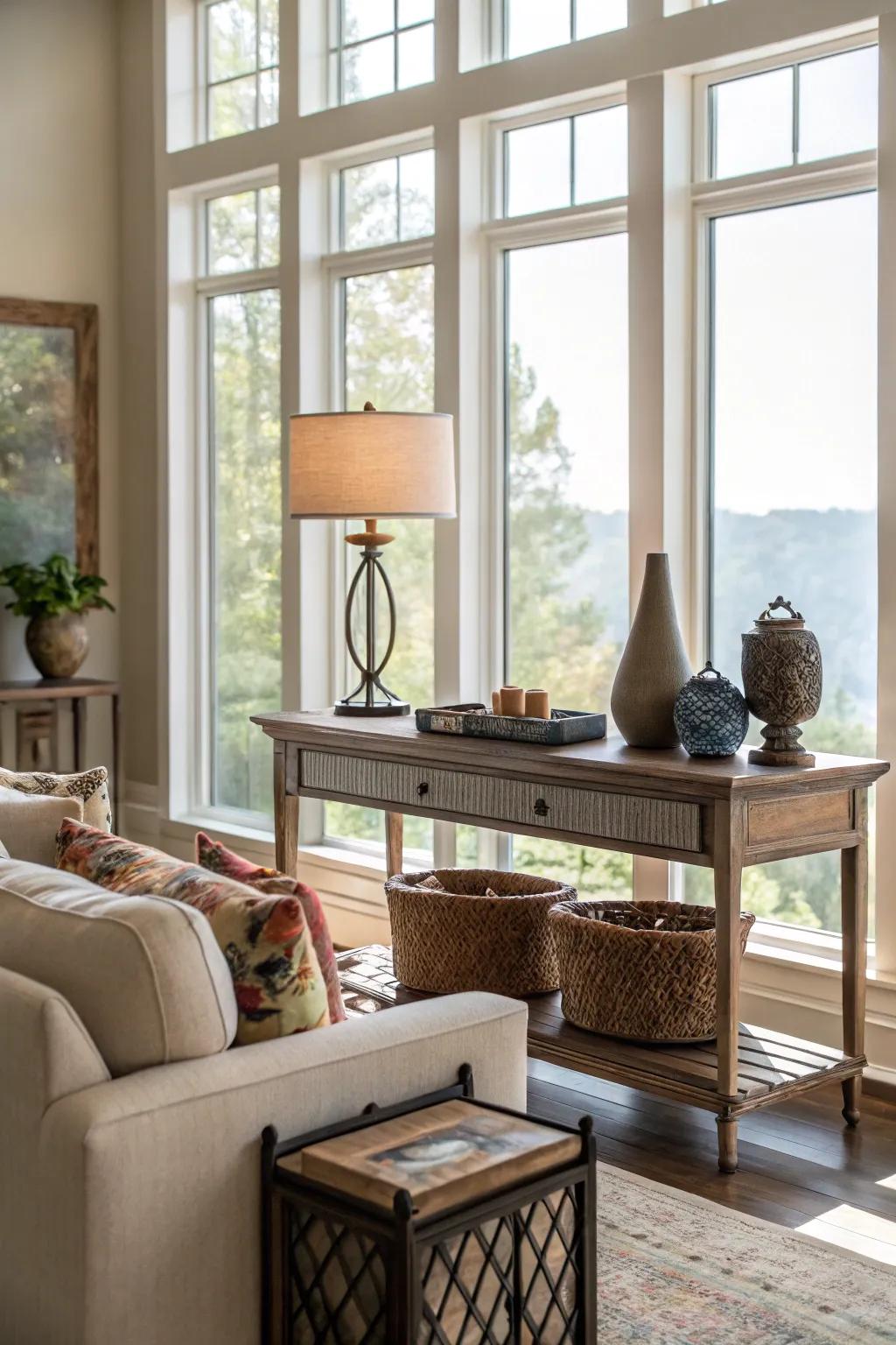 A fashionable console arrangement that contributes practicality and elegance to the window vicinity.