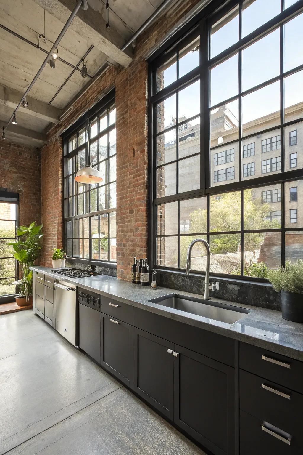 Industrial edge with steel-framed windows.