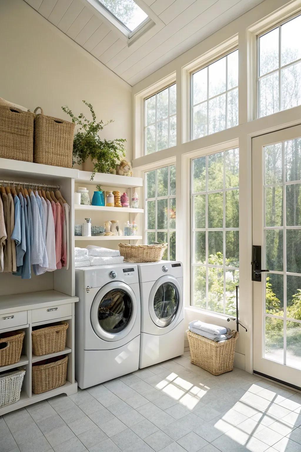Sunlight streaming into a roomy laundry room.