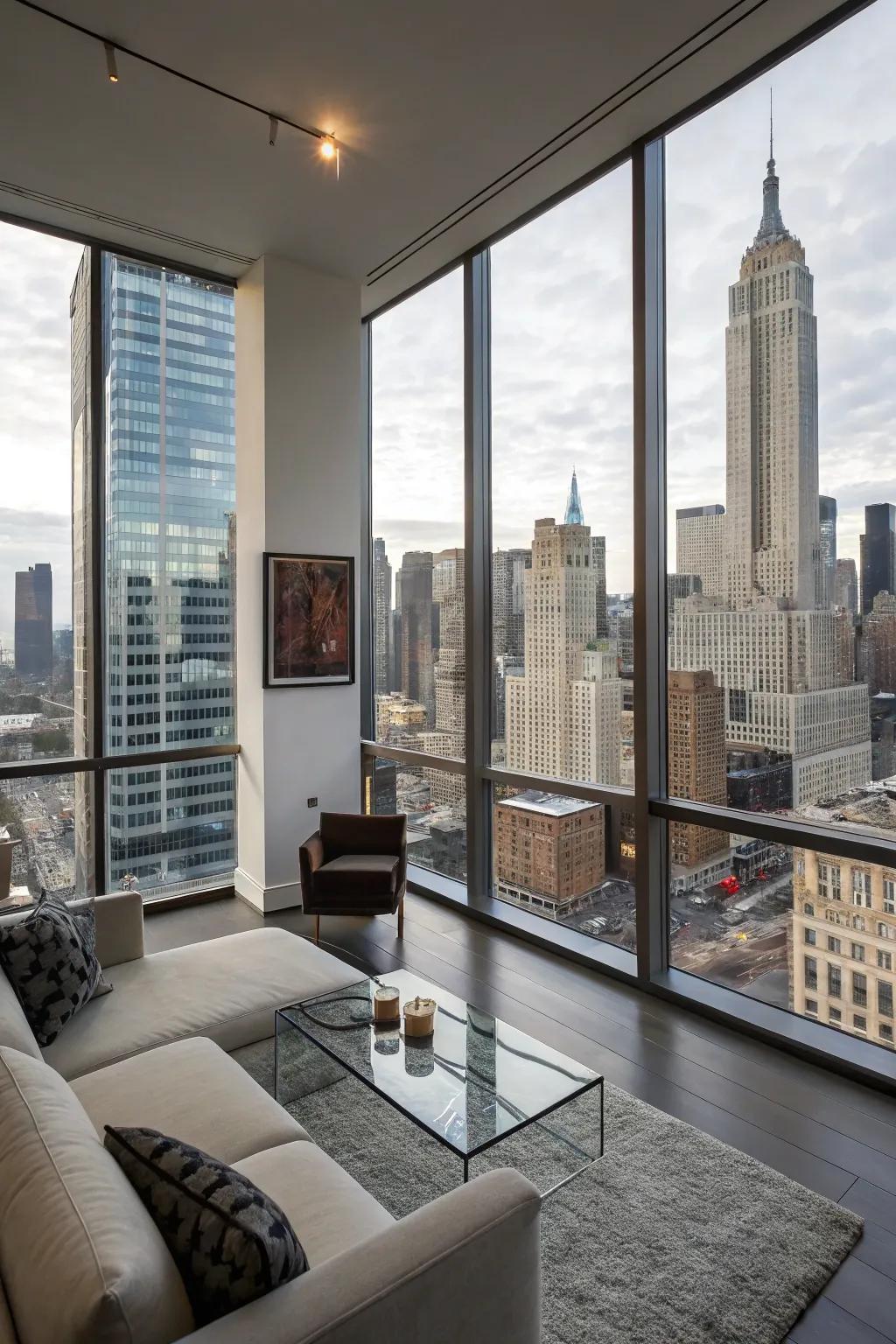 Corner openings exhibiting a sweeping vista of the municipal skyline.