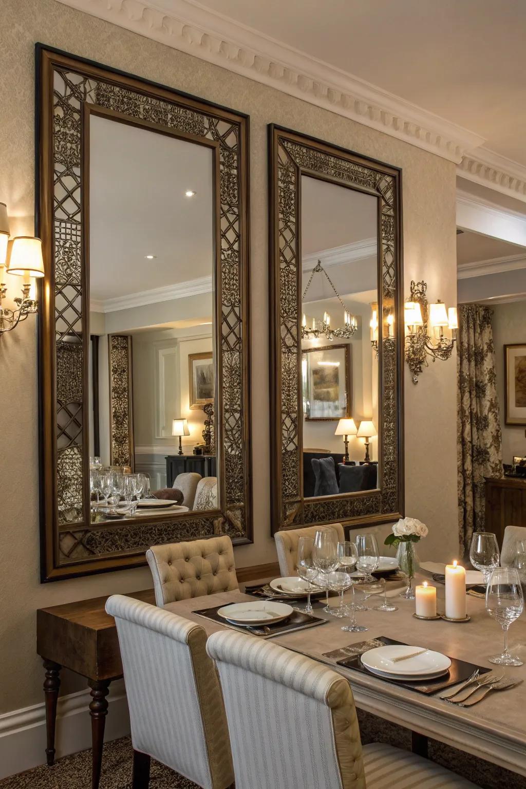 Symmetrical mirrors bring balance and harmony to this dining room.