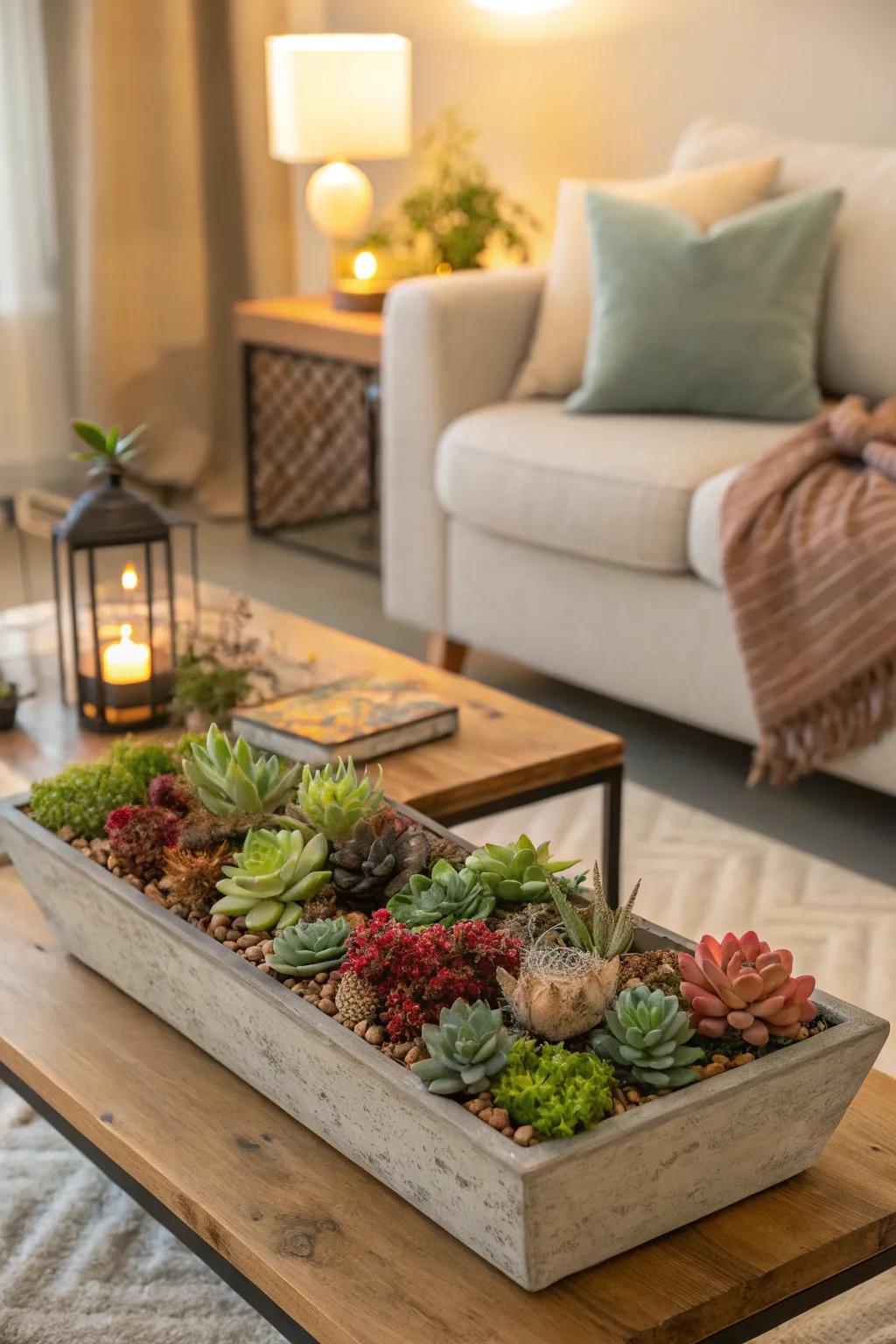 A living room focal point featuring a succulent tabletop garden.