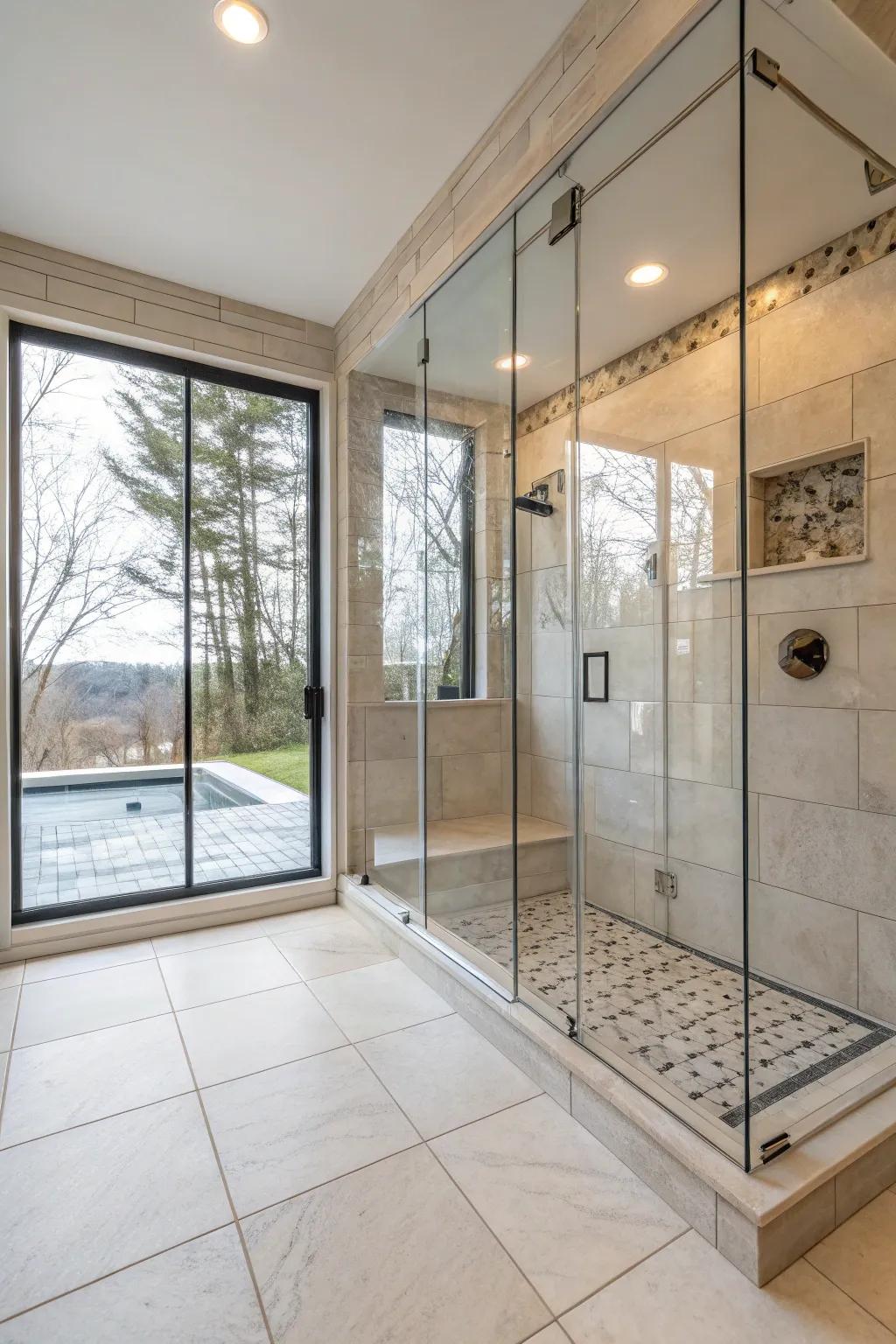 Glass structures enhance the airy sensation of large tile showers.