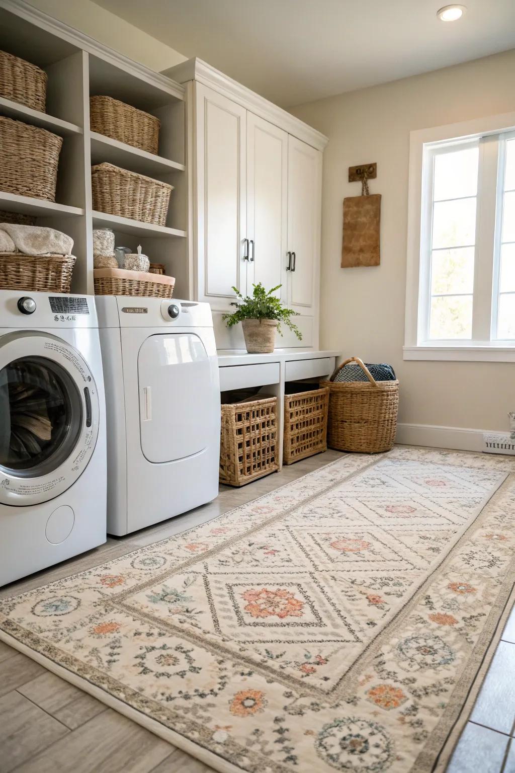A soft rug adds warmth and comfort to your laundry space.