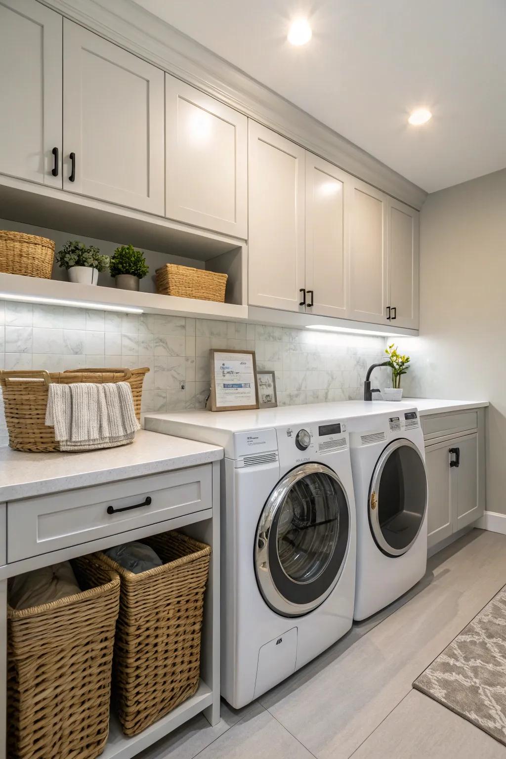 Modern appliances smoothly integrated with laundry room countertops.