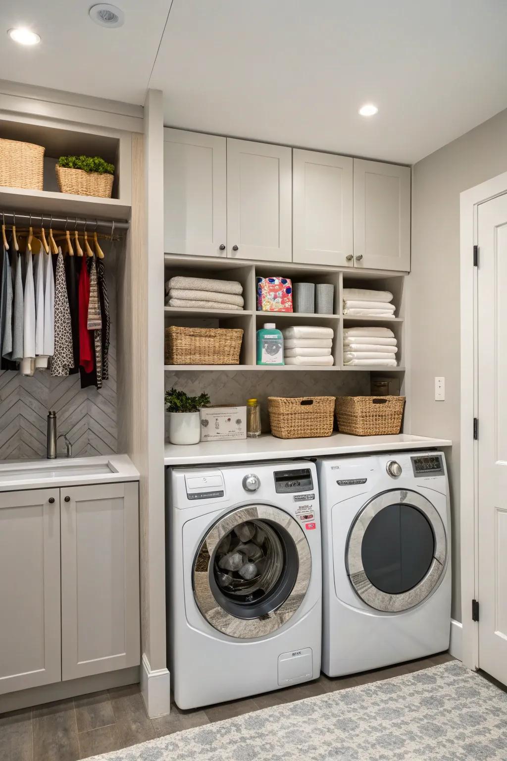 Hidden cabinets keep laundry items out of sight for a clean look.