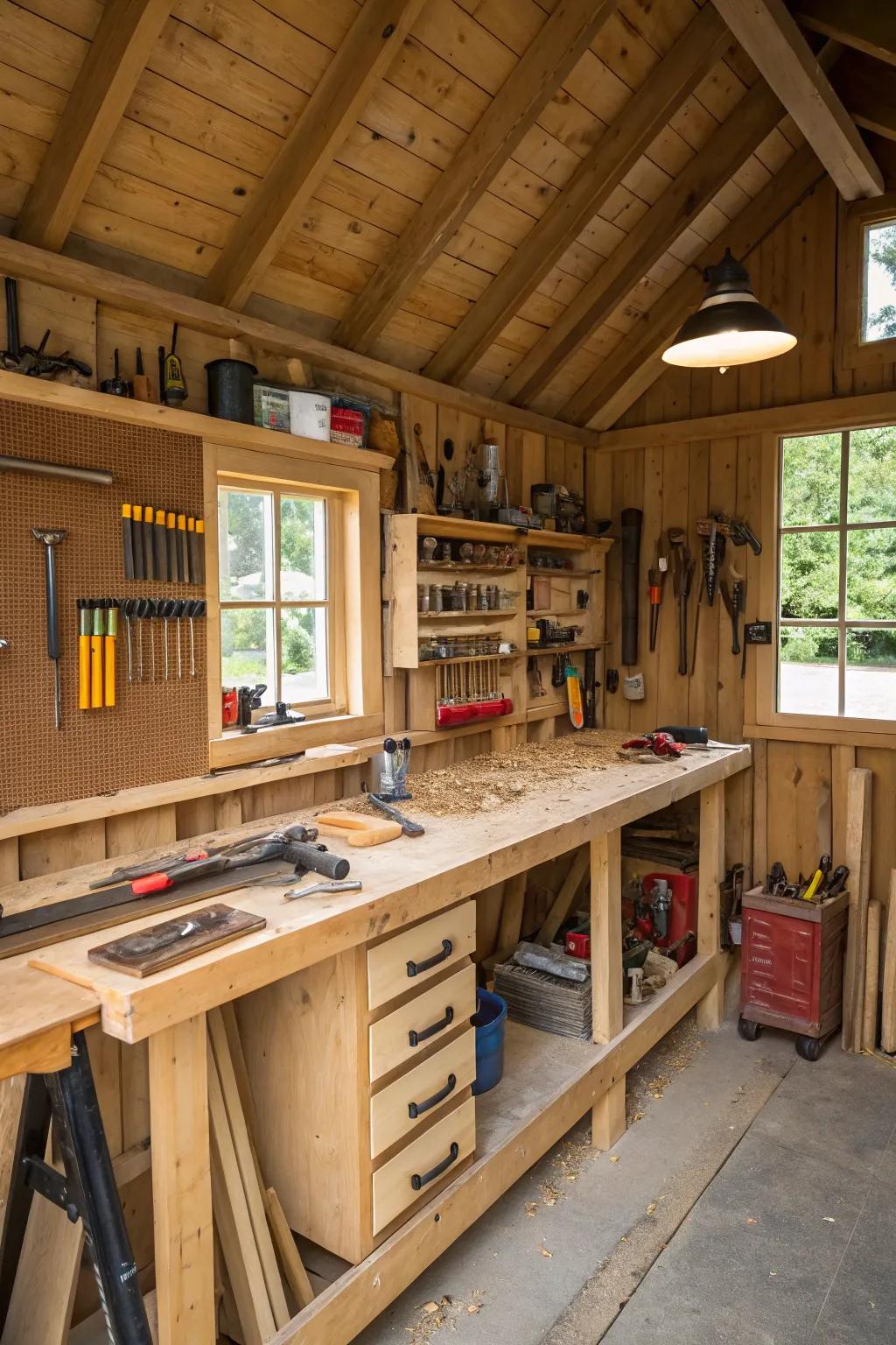 A functional artisan area nestled within a lean-to structure.