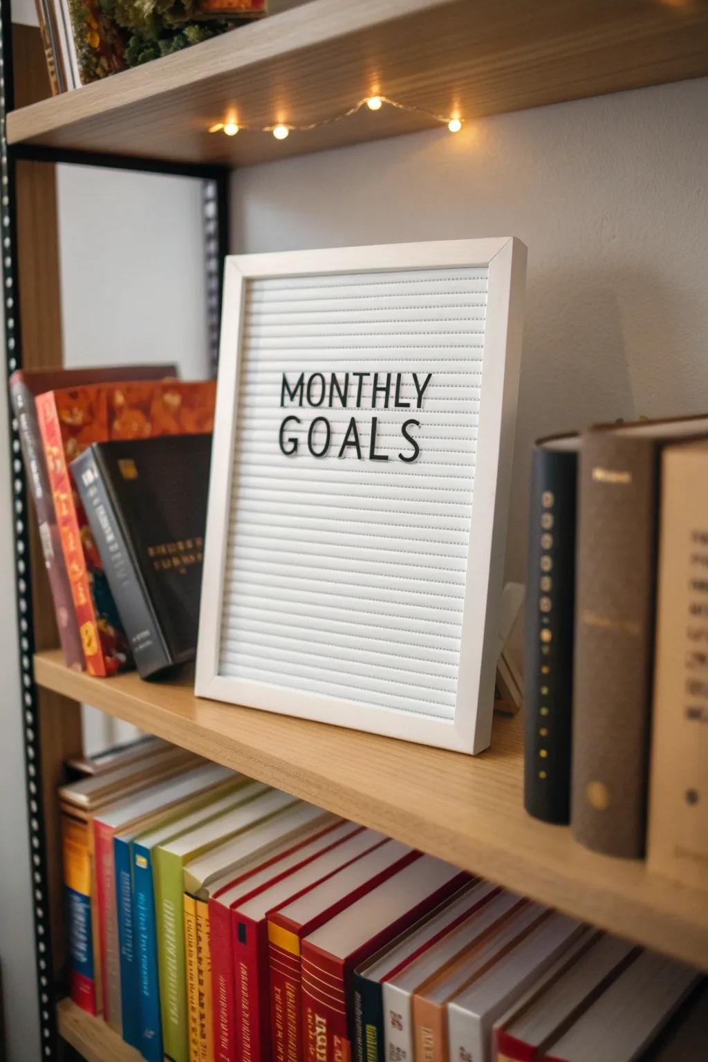 Achieving goals with a monthly reminder on a letter board.