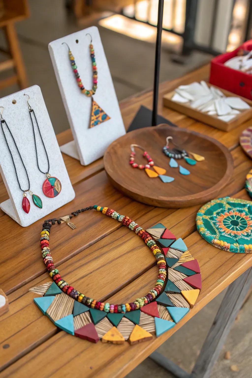 Handcrafted jewelry created from plate shards, symbolizing individual progress.