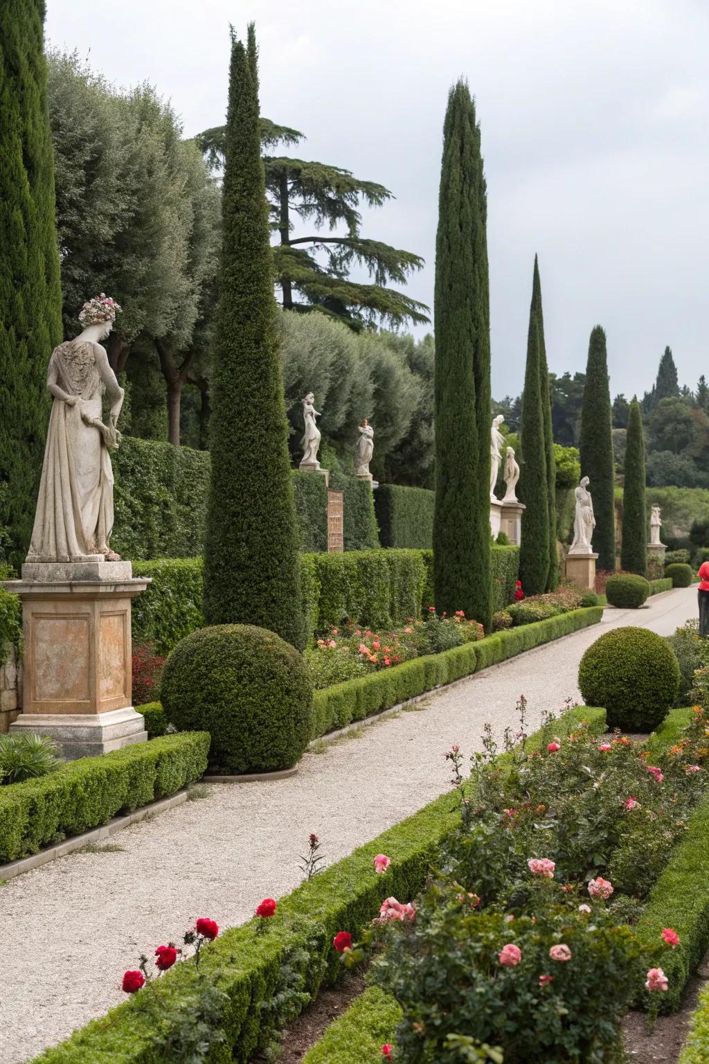 Craft a refined garden using Evergreen Sentinel trees and formal components.